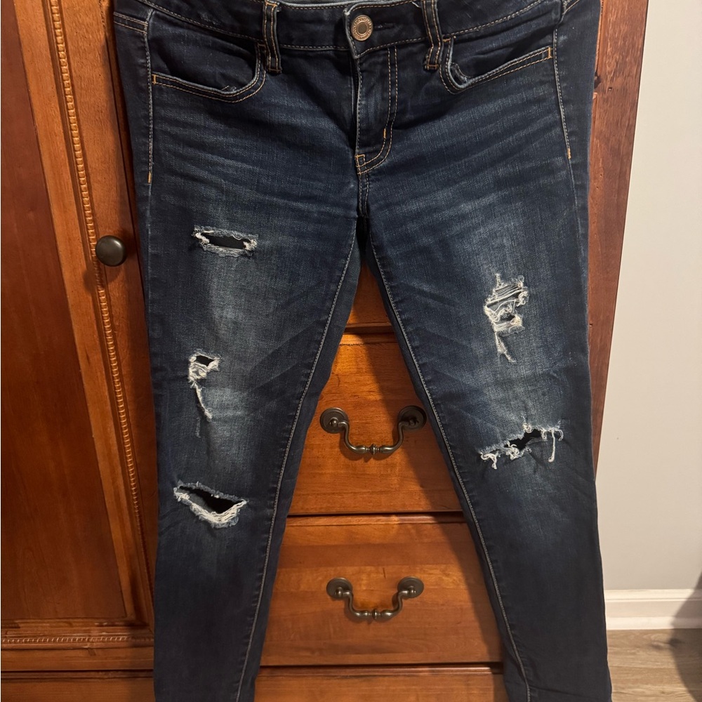 American Eagle Outfitters Dark Blue Distressed Skinny Jeans